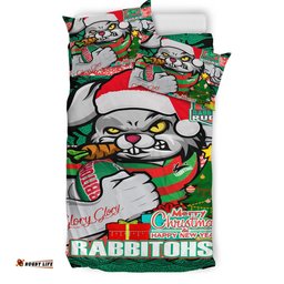 South Sydney Rabbitohs Custom Bedding Set - Merry Christmas Super Rabbitohs With Ball And Aboriginal Patterns