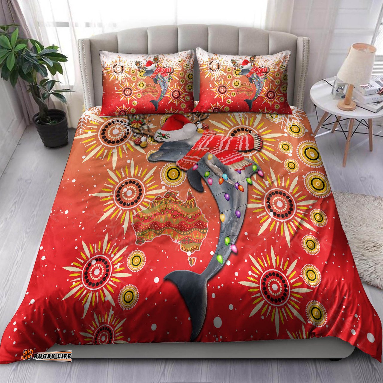 Redcliffe Dolphins Christmas Bedding Set - Dolphins Christmas Hat Pattern Snow Style Bedding Set