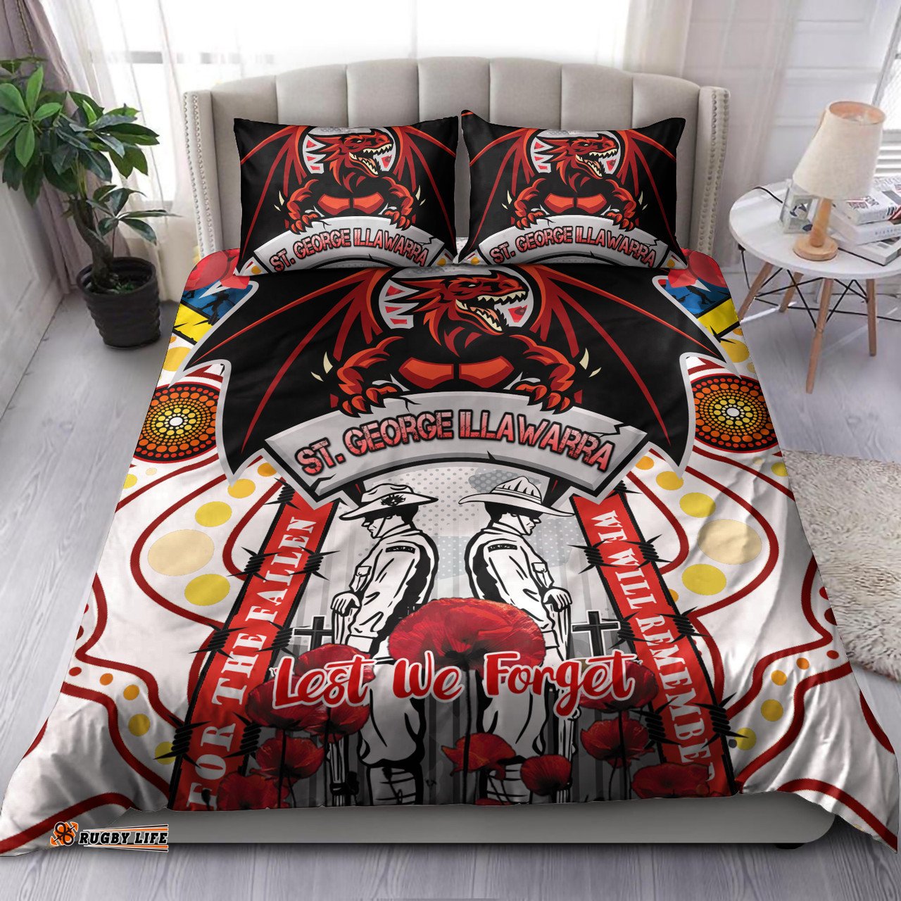 St. George Illawarra Dragons Anzac Day Watercolour Custom Bedding Set - Remembrance Dragons With Poppy Flower