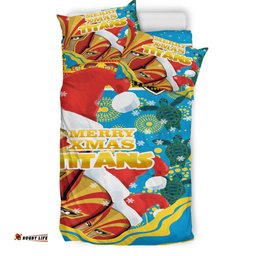 Gold Coast Titans Christmas Bedding Set - Custom Merry Titans Christmas Indigenous Bedding Set