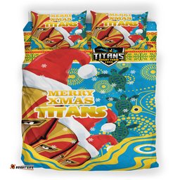 Gold Coast Titans Christmas Bedding Set - Custom Merry Titans Christmas Indigenous Bedding Set