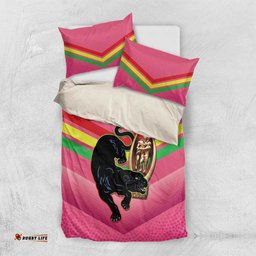 Personalised Panthers Rugby 2024 Bedding Set Mascot With Trophy Go Champions Aboriginal Art - Pink