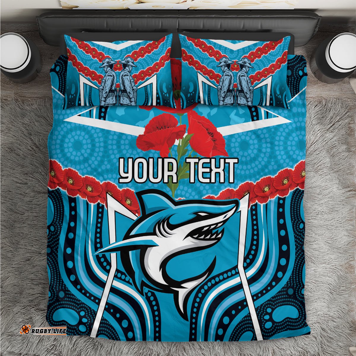 Custom Sharks Rugby ANZAC Bedding Set Gallipoli Soldier With Aboriginal Art