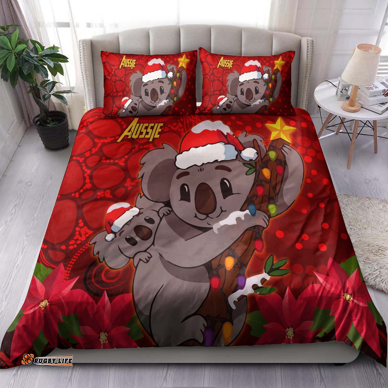 Aboriginal Christmas Bedding Set - Aussie Koala Christmas Poinsettia with Aboriginal Inspired Bedding Set