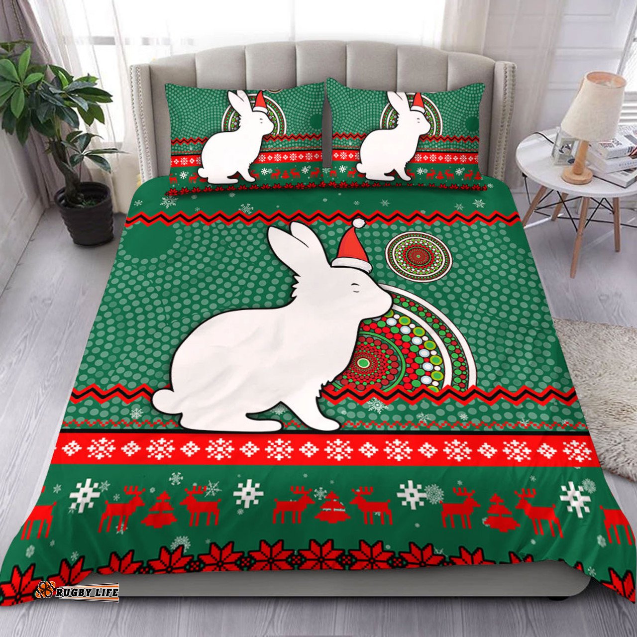 South Sydney Rabbitohs Bedding Set - Australia Ugly Xmas With Aboriginal Patterns For Die Hard Fans