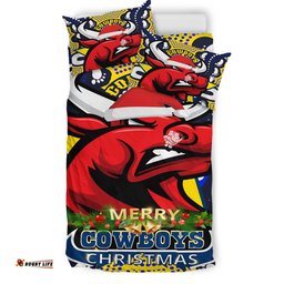 North Queensland Cowboys Christmas Custom Bedding Set - Merry Christmas North Queensland Cowboys With Dot Art Painting Footprints Bedding Set