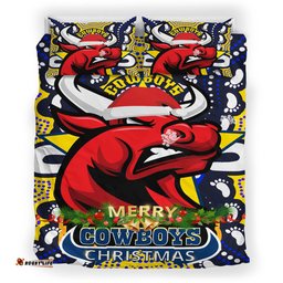 North Queensland Cowboys Christmas Custom Bedding Set - Merry Christmas North Queensland Cowboys With Dot Art Painting Footprints Bedding Set
