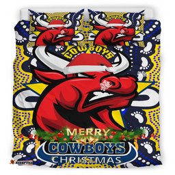 North Queensland Cowboys Christmas Custom Bedding Set - Merry Christmas North Queensland Cowboys With Dot Art Painting Footprints Bedding Set