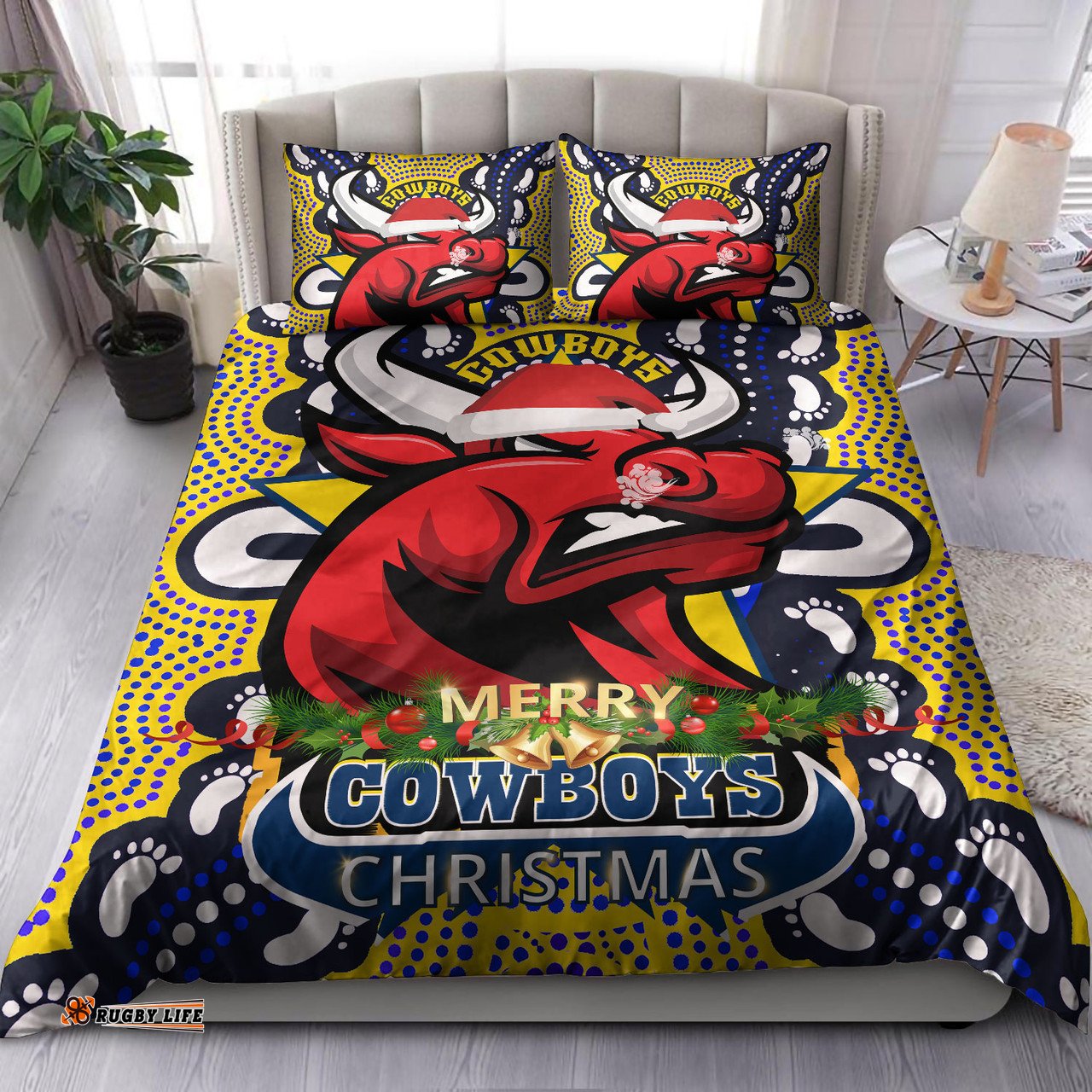 North Queensland Cowboys Christmas Custom Bedding Set - Merry Christmas North Queensland Cowboys With Dot Art Painting Footprints Bedding Set