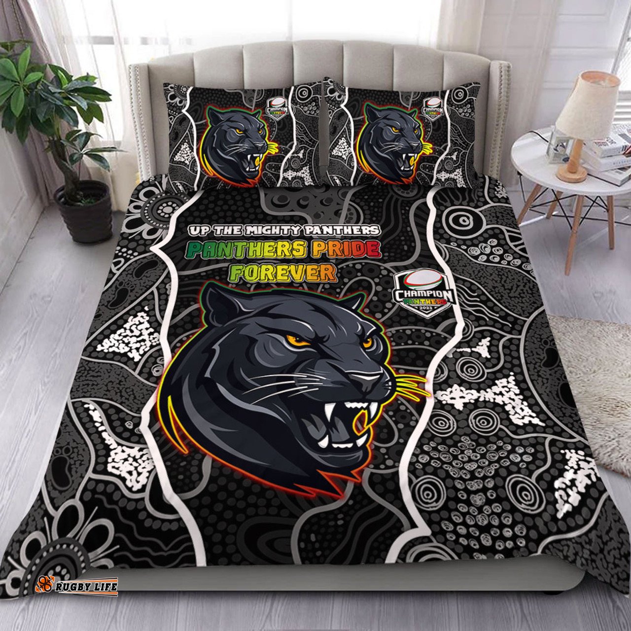 Penrith Panthers Grand Final Custom Bedding Set - Custom Penrith Panthers With Contemporary Style Of Aboriginal Painting Bedding Set