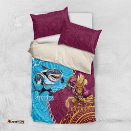 Personalised Sharks And Broncos Rugby Bedding Set Aboriginal Mix Polynesian Pattern