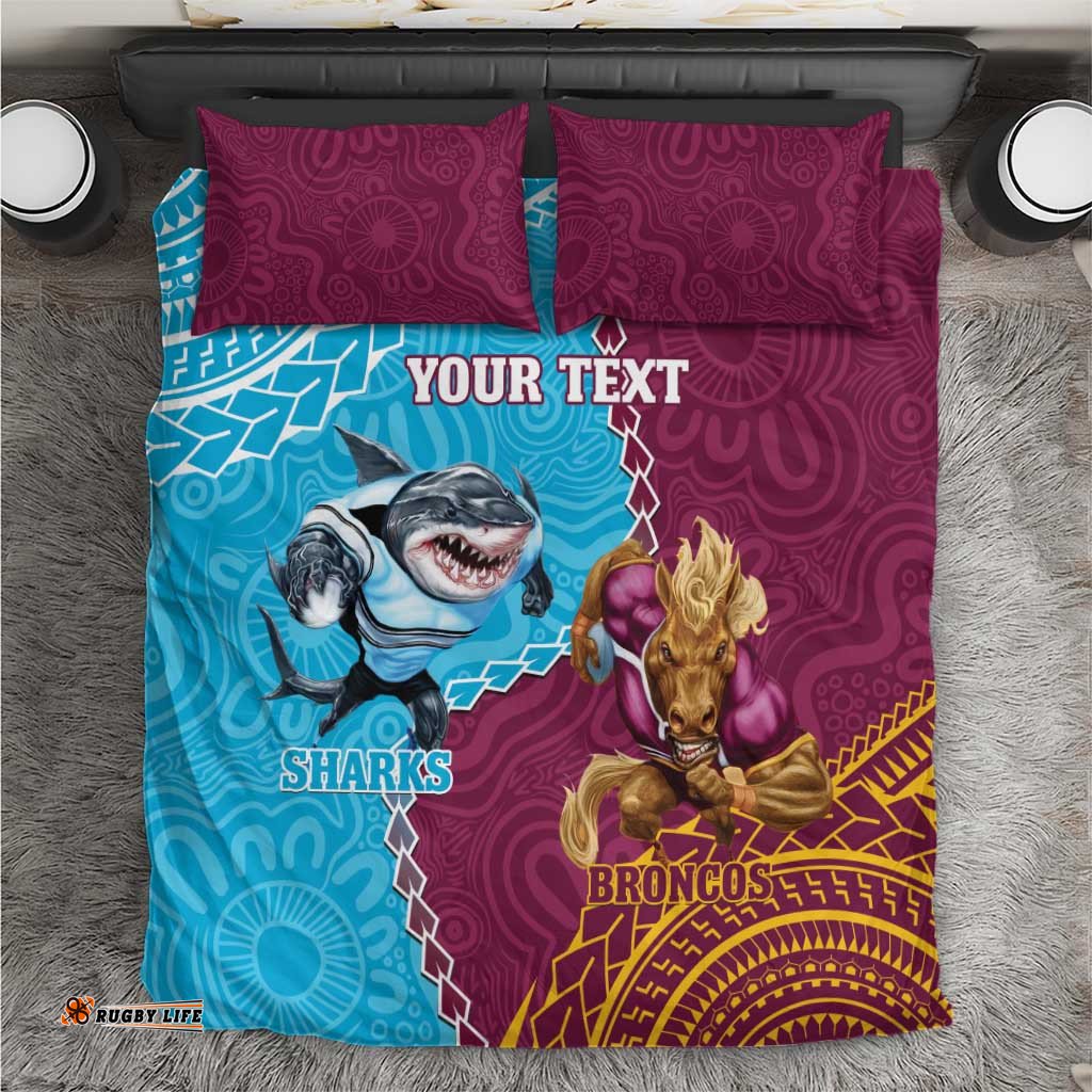Personalised Sharks And Broncos Rugby Bedding Set Aboriginal Mix Polynesian Pattern
