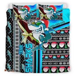 Cronulla-Sutherland Sharks Christmas Bedding Set - Custom Sharkies Surfrider Christmas With Snowflakes Ho Ho Ho Bedding Set