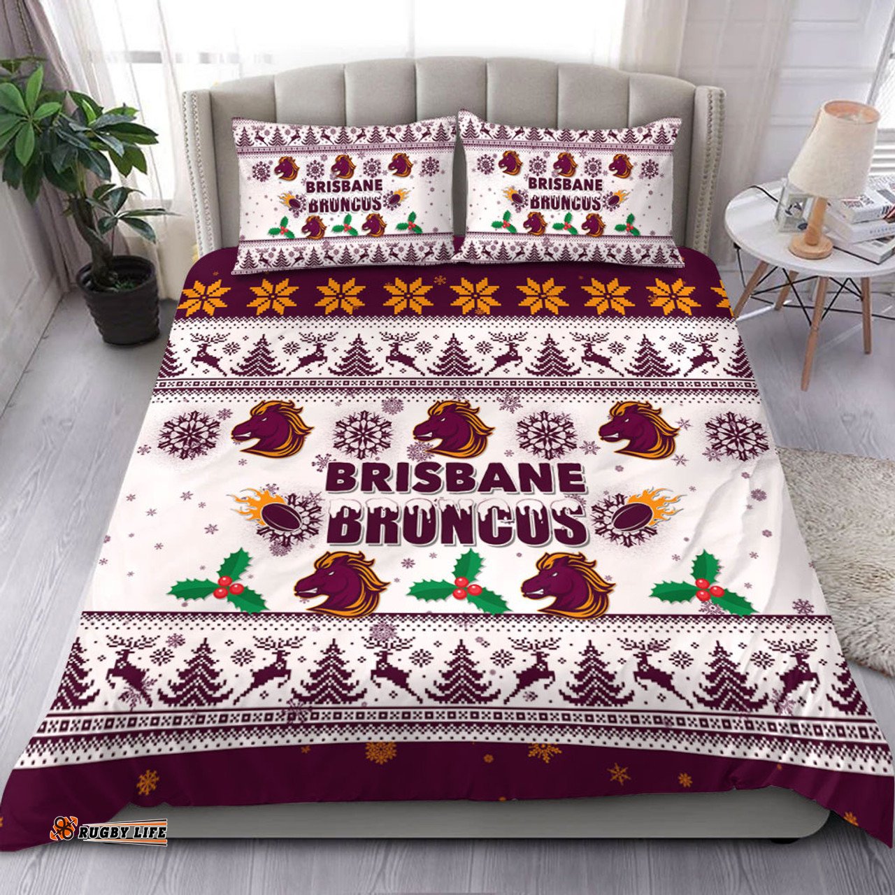 Brisbane Broncos Christmas Bedding Set - Brisbane Broncos Special Ugly Christmas Bedding Set