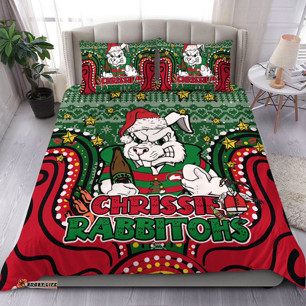 South Sydney Rabbitohs Custom Bedding Set - Christmas Knit Patterns Vintage Jersey Ugly Bedding Set