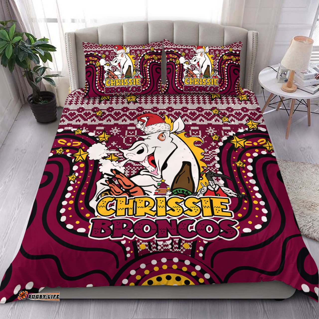 Brisbane Broncos Christmas Custom Bedding Set - Christmas Knit Patterns Vintage Jersey Ugly Bedding Set
