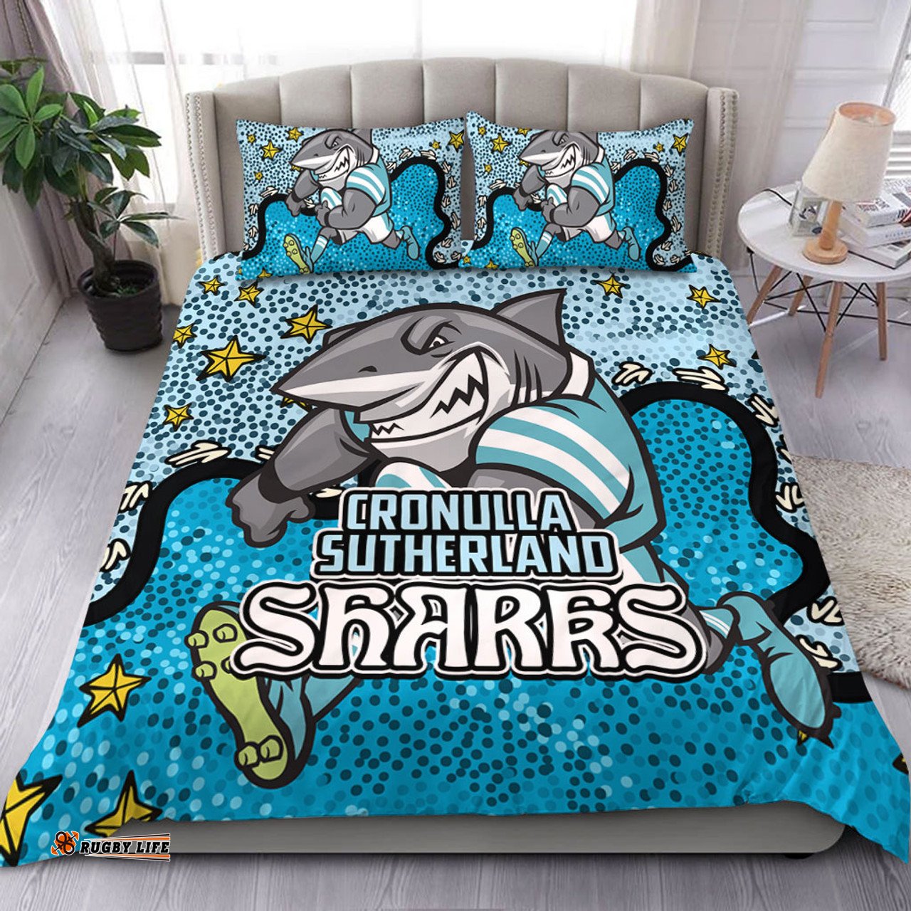 Cronulla-Sutherland Sharks Custom Bedding Set - Team With Dot And Star Patterns For Tough Fan Bedding Set