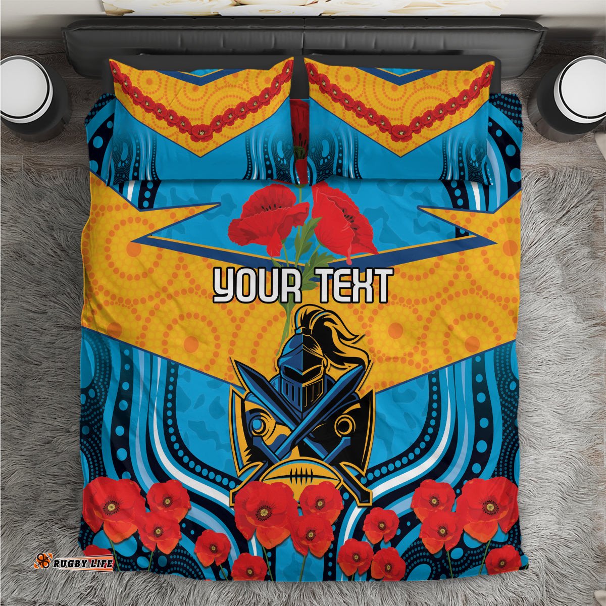 Custom GLD Titans Rugby ANZAC Bedding Set Gallipoli Soldier With Aboriginal Art