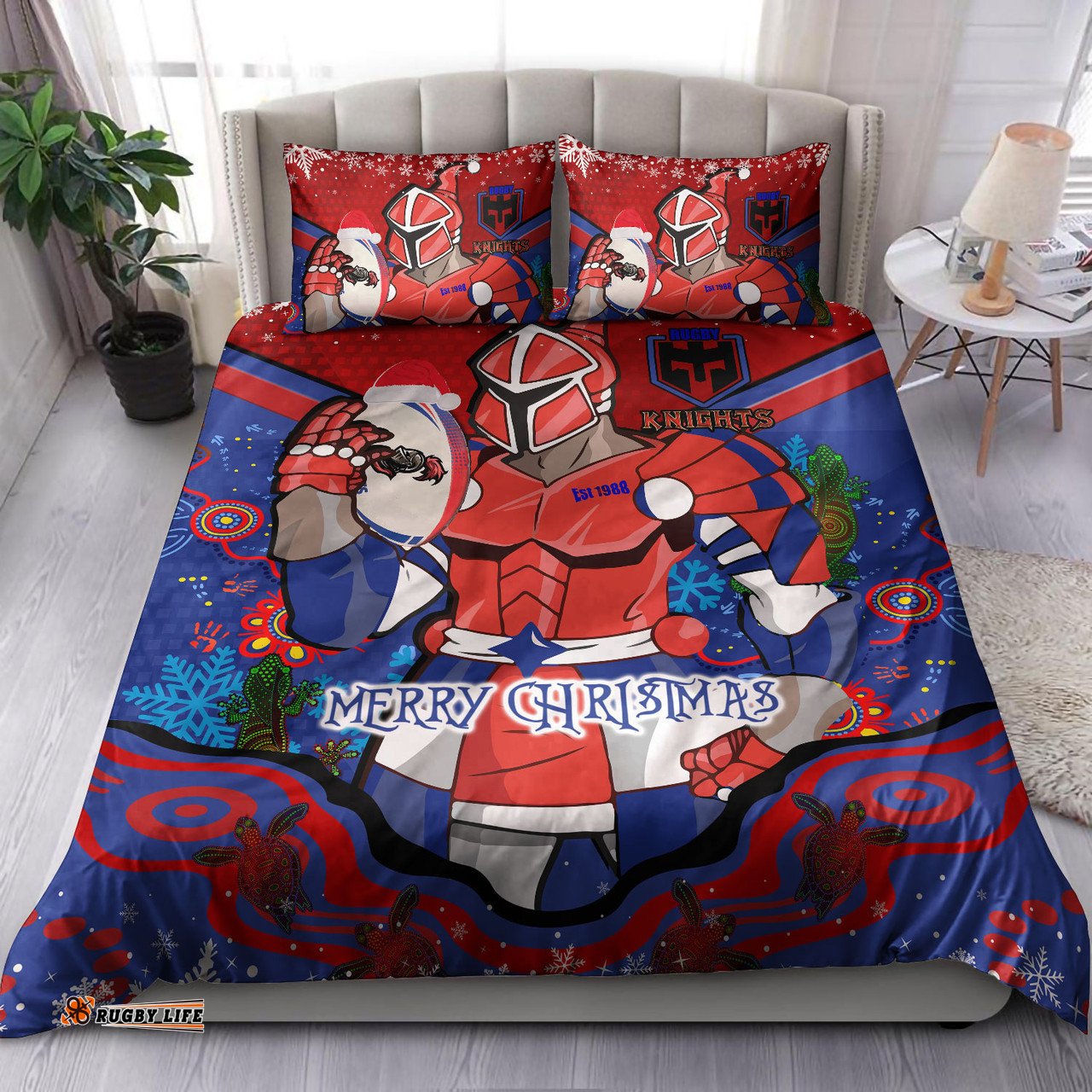 Newcastle Knights Christmas Bedding Set - Custom Merry Christmas Newcastle Knights Indigenous Bedding Set