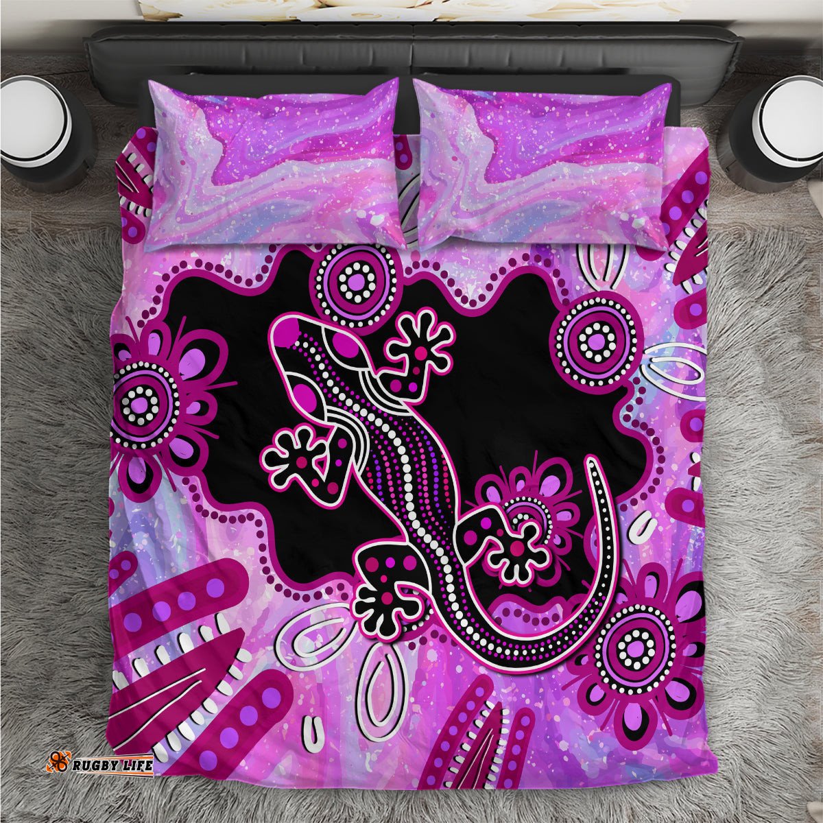 Australia Bedding Set Aussie Opal Pattern With Lizard Aboriginal Art - Pink