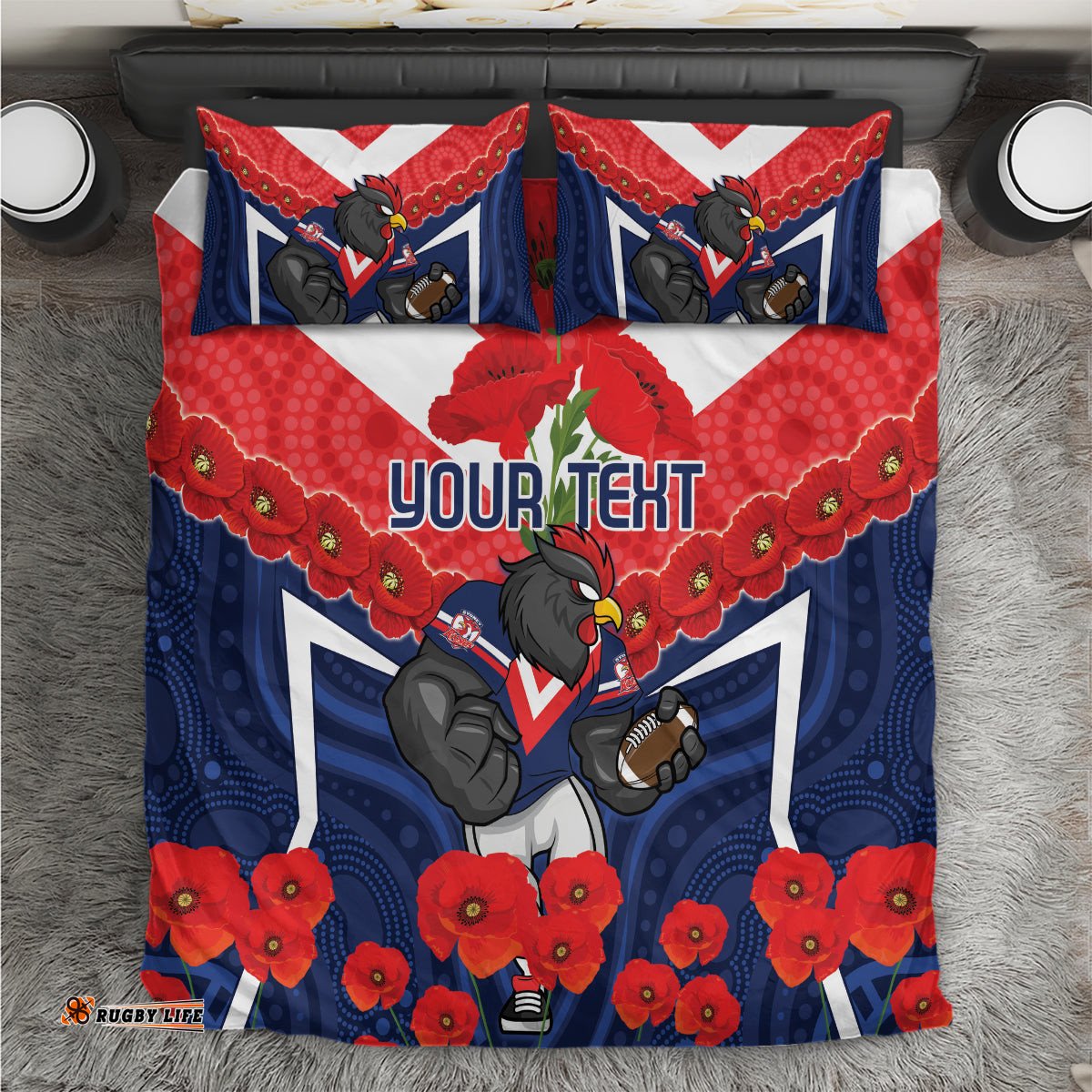Custom Roosters Rugby ANZAC Bedding Set Sydney Gallipoli Soldier With Aboriginal Art