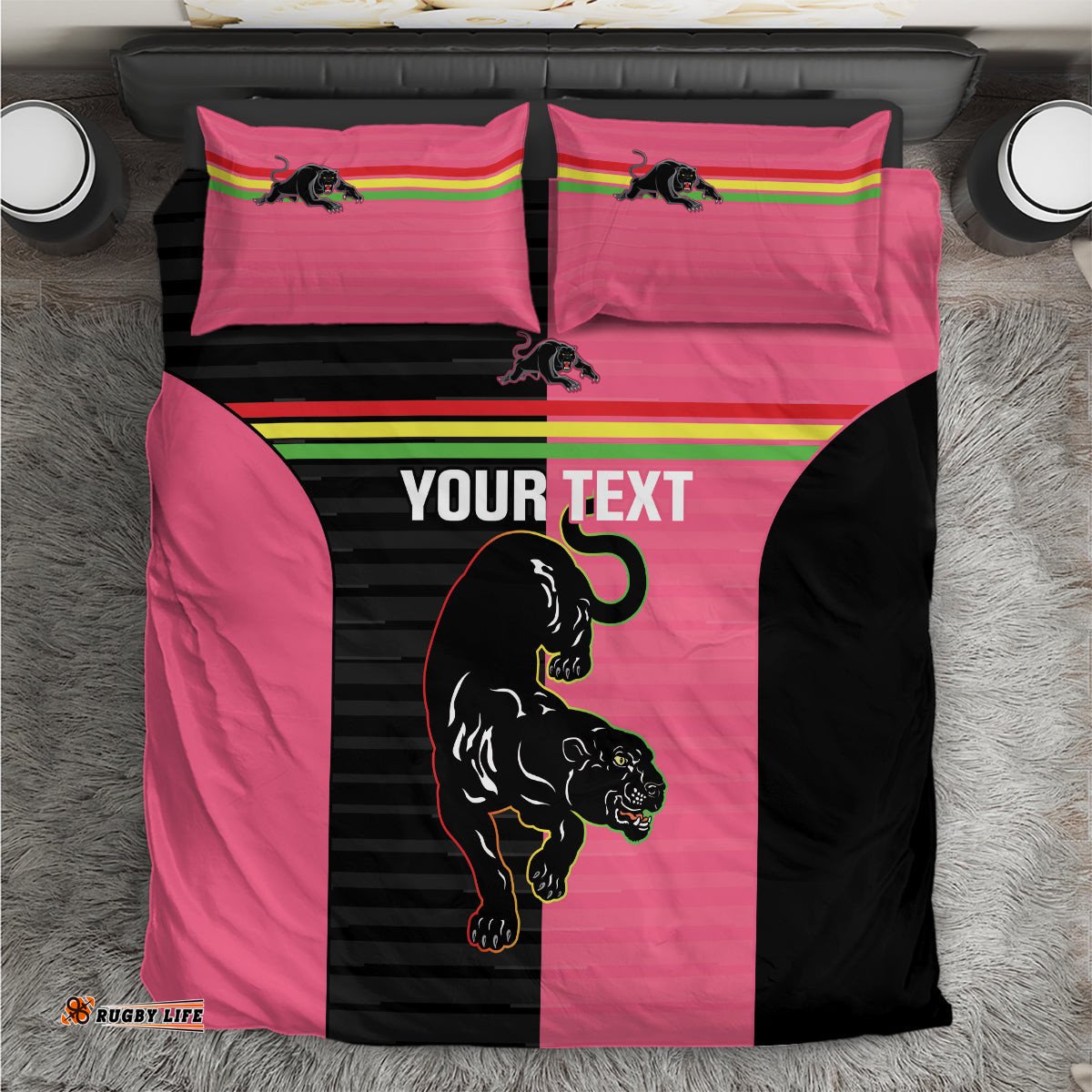 Custom Panthers Rugby Bedding Set Black Pink Color Sporty Style