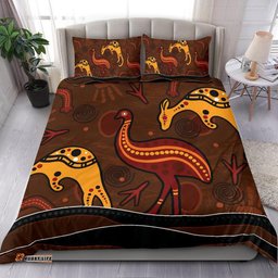 Australia Aboriginal Inspired Bedding Set - Indigenous Kangaroo and Emu Brown Color