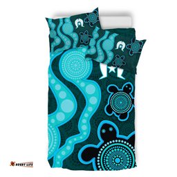 Australia Aboriginal Turtles Torres Strait Islands Bedding Set - Blue Turtles With Aboriginal Dot Art Painting Patterns And Torres Strait Symbol Bedding Set