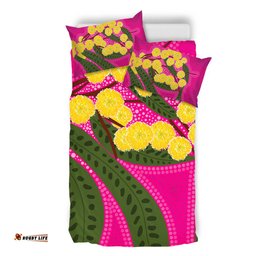 Australia Flowers Aboriginal Bedding Set - Australian Yellow Wattle Flowers Painting In Aboriginal Dot Art Style Bedding Set
