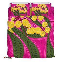 Australia Flowers Aboriginal Bedding Set - Australian Yellow Wattle Flowers Painting In Aboriginal Dot Art Style Bedding Set