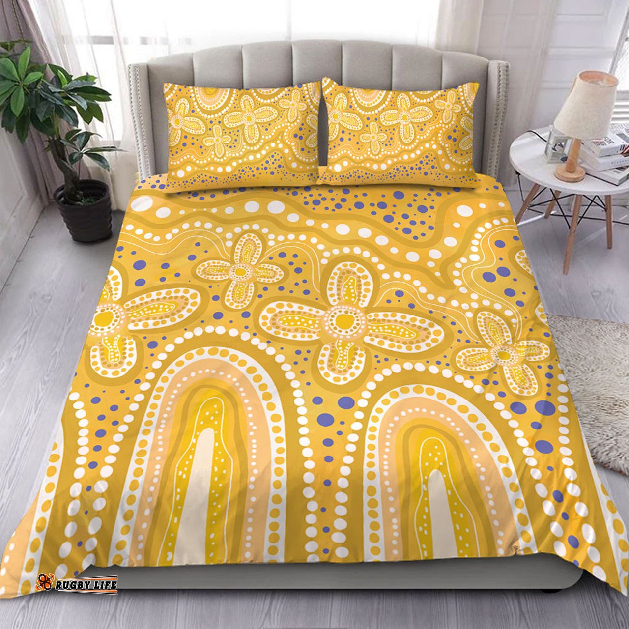 Australia Aboriginal Bedding Set - Dot painting illustration in Aboriginal style Yellow Bedding Set