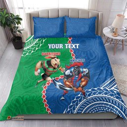 Personalised Rabbitohs And Knights Rugby Bedding Set Aboriginal Mix Polynesian Pattern
