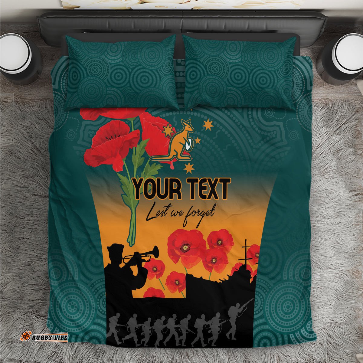 Custom Wallaroos Rugby ANZAC Bedding Set Poppy Soldier With Aboriginal Dots Art
