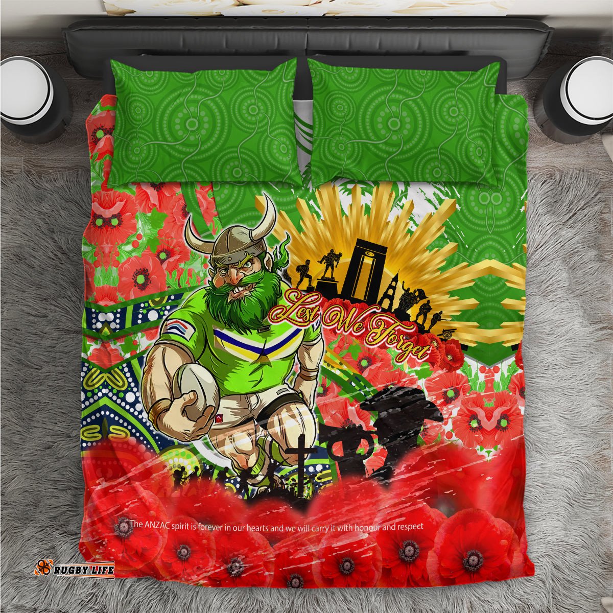Personalised Mascot Raiders ANZAC Bedding Set Lest We Forget DT02
