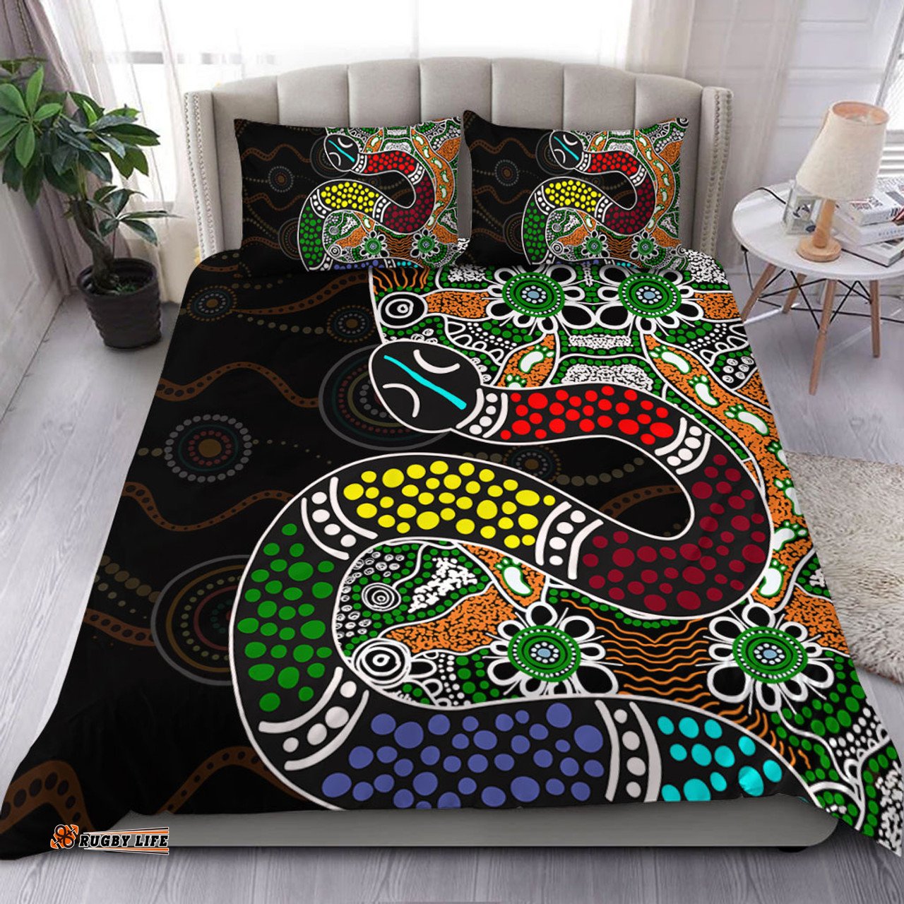 Australia Rainbow Serpent Aboriginal Bedding Set - Dreamtime Rainbow Serpent Contemporary Bedding Set