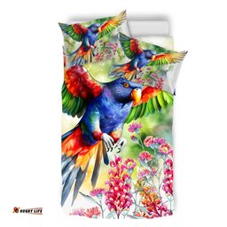 Australia Rainbow Lorikeets Bedding Set - Rainbow Lorikeets Flying With Grevillea Flowers Art Bedding Set