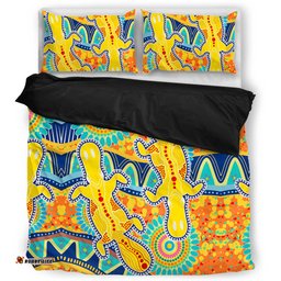 Australia Animals Platypus Aboriginal Bedding Set - Yellow Platypus With Aboriginal Art Dot Painting Patterns Inspired Bedding Set