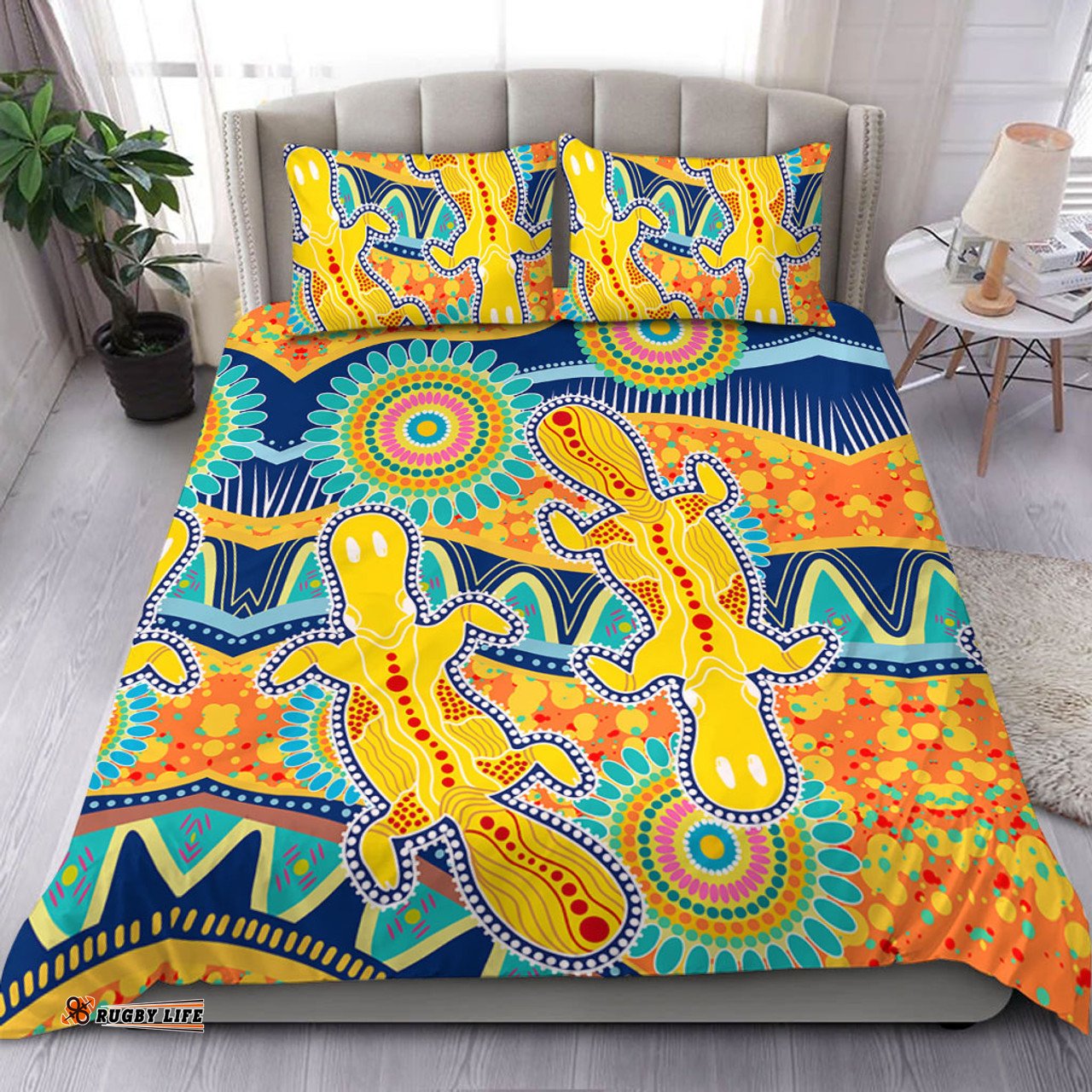 Australia Animals Platypus Aboriginal Bedding Set - Yellow Platypus With Aboriginal Art Dot Painting Patterns Inspired Bedding Set
