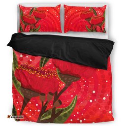 Australia Aboriginal Bedding Set - Red Aboriginal Art With Eucalyptus Flowers Bedding Set