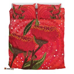 Australia Aboriginal Bedding Set - Red Aboriginal Art With Eucalyptus Flowers Bedding Set