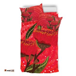 Australia Aboriginal Bedding Set - Red Aboriginal Art With Eucalyptus Flowers Bedding Set