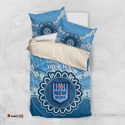 Custom NSW Blues Rugby Bedding Set Aussie Aboriginal Mix Polynesian Pattern
