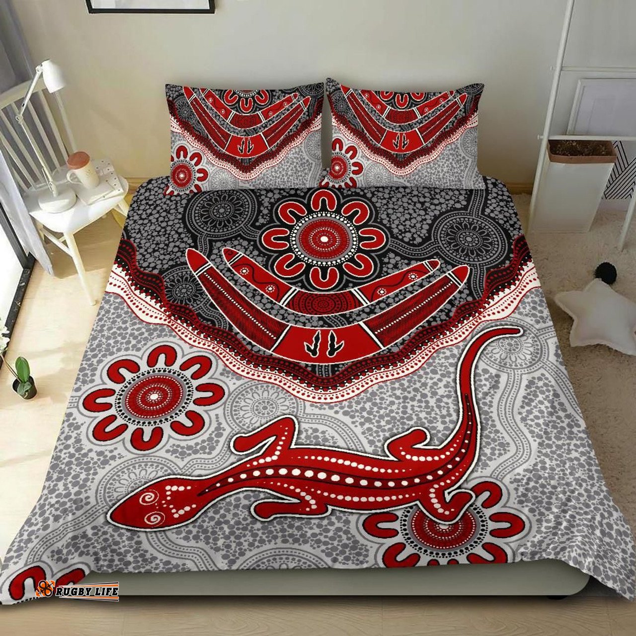 Australia Aboriginal Inspired Bedding Set - Indigenous Boomerang and Lizard Art
