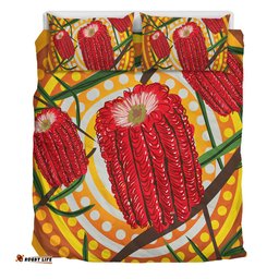 Australia Flowers Aboriginal Bedding Set - Aboriginal Dot Painting With Red Banksia Flower Bedding Set