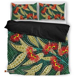 Australia Flowers Aboriginal Bedding Set - Aboriginal Dot Art of Australian Native Eucalyptus Plant Bedding Set