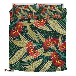 Australia Flowers Aboriginal Bedding Set - Aboriginal Dot Art of Australian Native Eucalyptus Plant Bedding Set