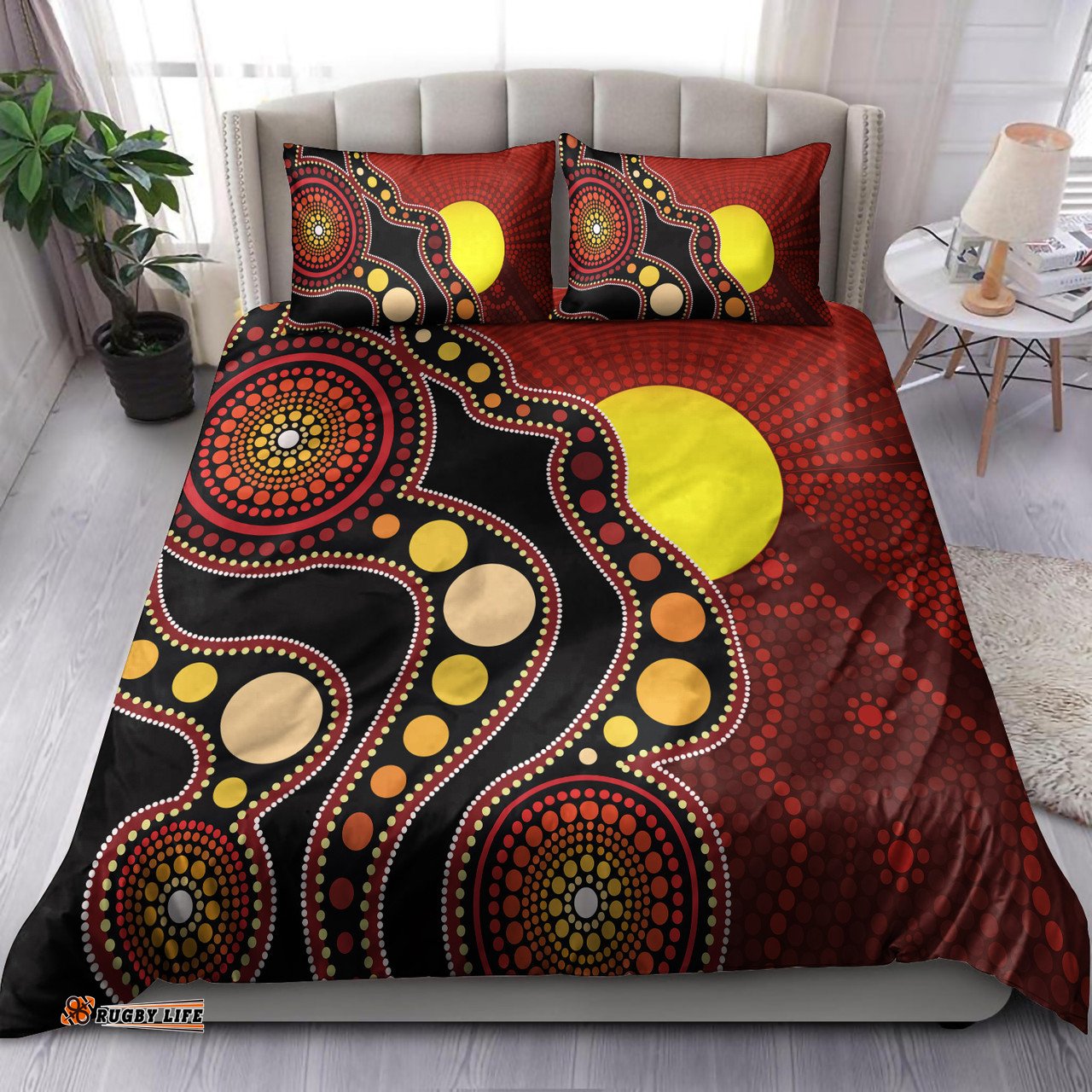 Australia Aboriginal Inspired Bedding Set - Australia Indigenous Flag Circle Dot Painting Art