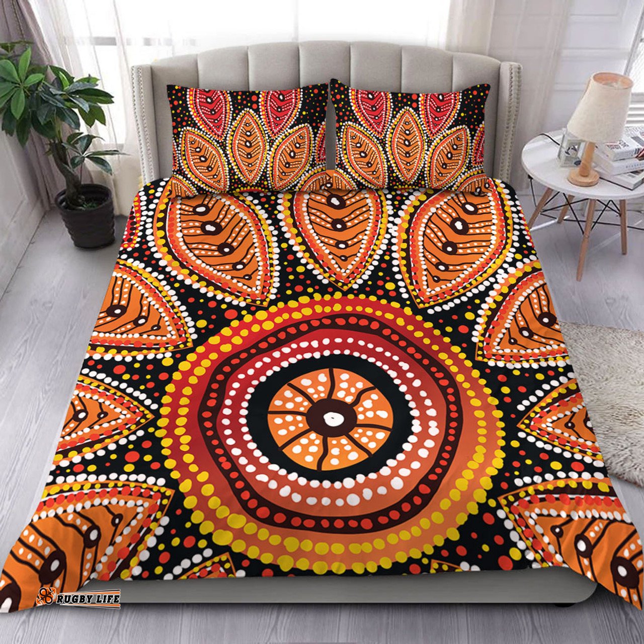 Australia Aboriginal Bedding Set - Beautiful Dotted Leaves Aboriginal Art Background Bedding Set