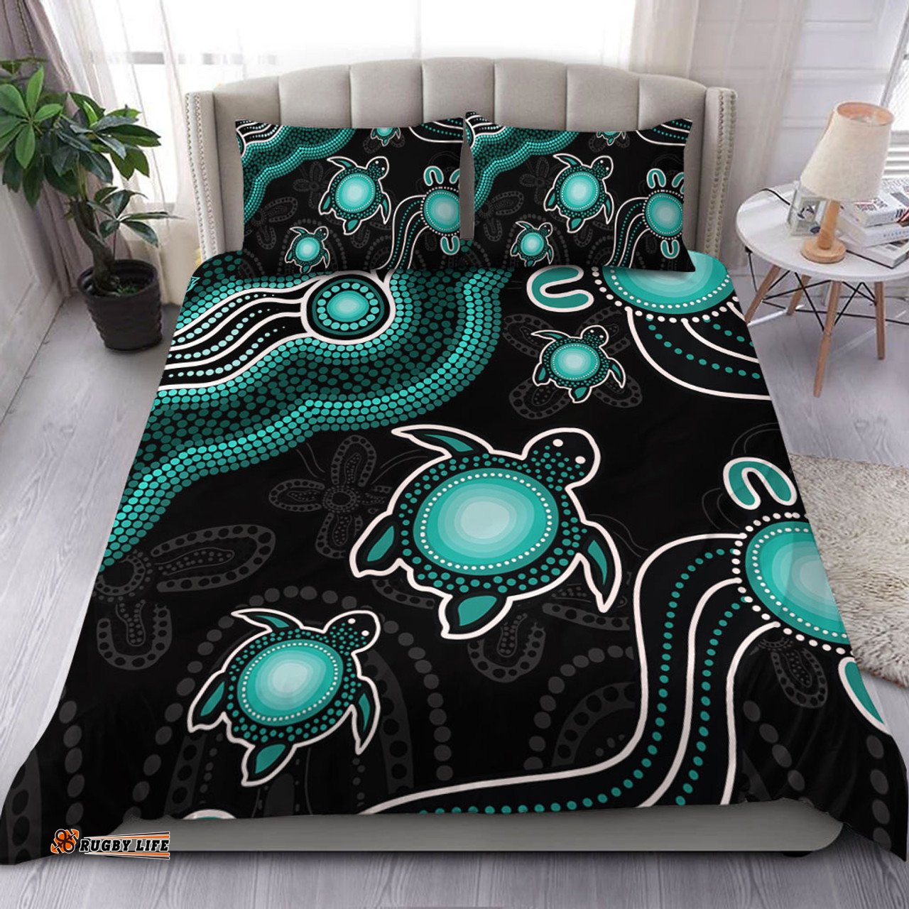 Amazing Aussie Australia Aboriginal Turtle Dreaming Journey Featuring Dot Art Turquoise Bedding Set