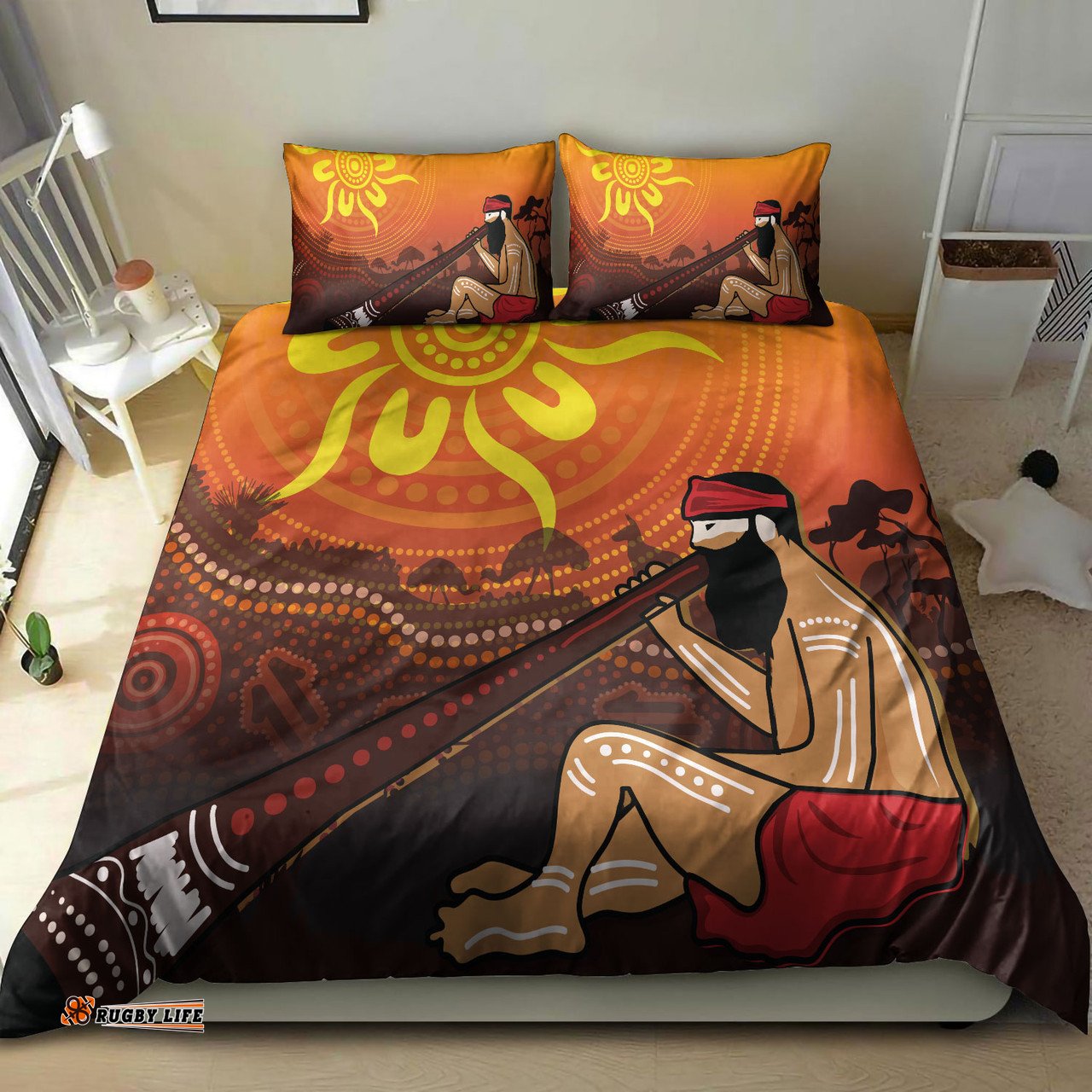 Australia Aboriginal Inspired Bedding Set Man Playing A Didgeridoo Landscape With Uluru Sunset